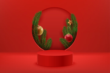 Wall Mural - Christmas red podium with firs, christmas balls and star. Holiday background with realistic stage and hole. Christmas and new year 3D scene, podium for product display