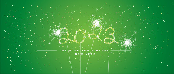 We wish you Happy New Year 2023 eve handwritten tipography light green white glitter stars sparkler fireworks green background greeting card