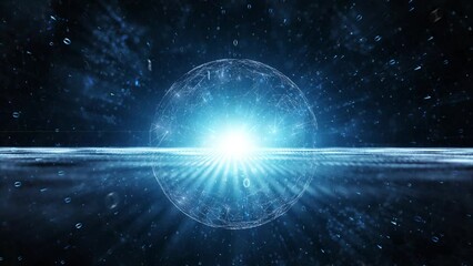 Looped digital 3d sphere rotation binary code network on dark blue glow shiny background. Concept technology and science copy space animation.