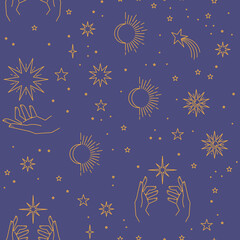Wall Mural - Seamless pattern with constellations. Sun, moon, magic hands and stars. Mystical esoteric background for design. Astrology magical vector.