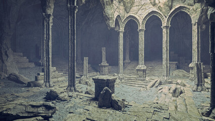 Aufkleber - Mysterious ancient underground temple ruin with large stone steps and arches. 3D rendering.