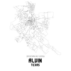  Alvin Texas. US street map with black and white lines.
