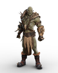 Wall Mural - Savage mythical Orc brute standing with aggressive pose and expression in barbarian armour. 3D rendering isolated on transparent background.