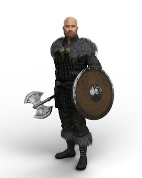 3D rendering of a Viking warrior man standing with a double headed axe and a shield isolated on a transparent background.
