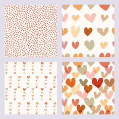 Wall Mural - Four hand drawn hearts boho seamless patterns Simple love symbols and funny dots isolated on white background. Childish decorative elements of warm neutral colors Flat doodle style vector illustration