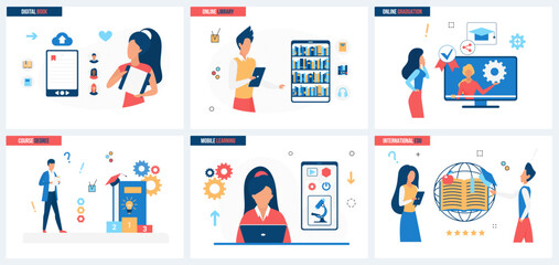 Online library, knowledge and education set vector illustration. Cartoon students training with ebook and tutorials, mobile app for study concept for banner, website design or landing web page