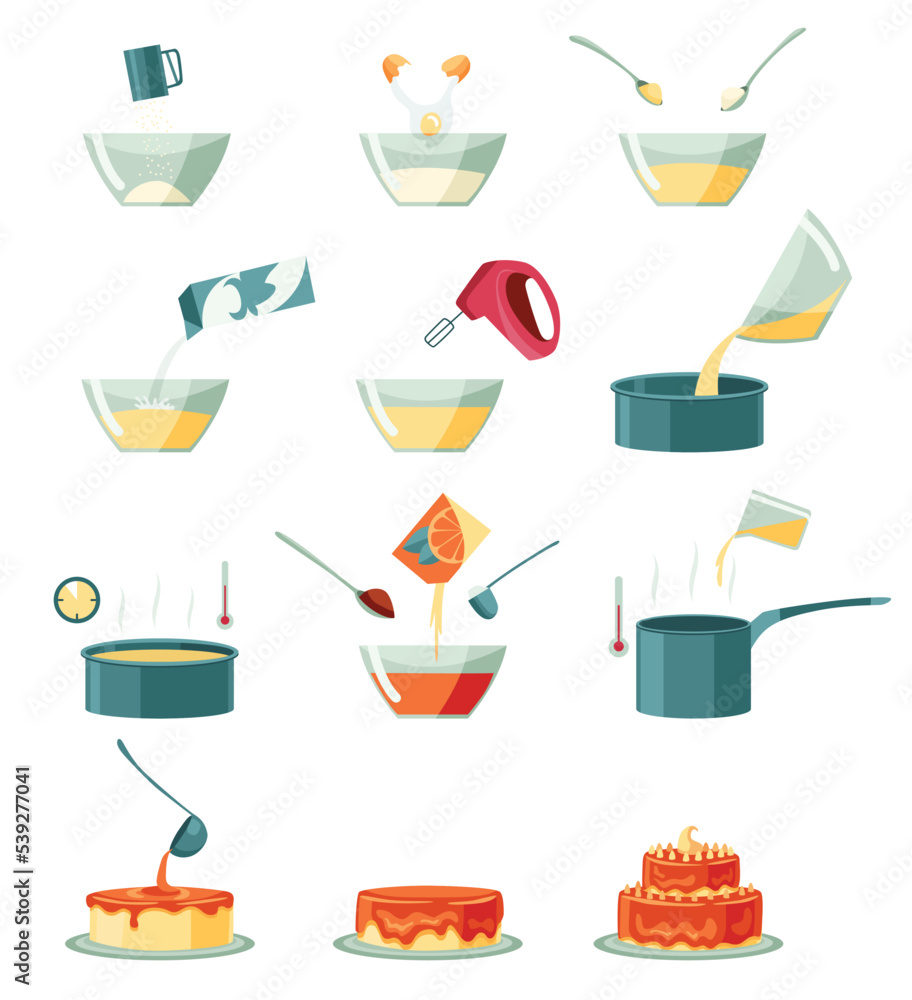 Step by step preparation cake set. Sweet bakery or cooking process ...