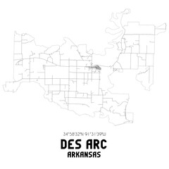 Des Arc Arkansas. US street map with black and white lines.