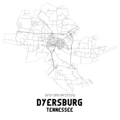  Dyersburg Tennessee. US street map with black and white lines.