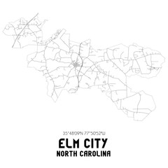  Elm City North Carolina. US street map with black and white lines.