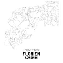  Florien Louisiana. US street map with black and white lines.