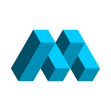 3d Letter M Logo Template. Letter M Made Of Rectangles. Impossible Cubes Shape. Blue Isometric Design Element. Architecture, Construction, Building Industry. Puzzle Game. Vector Illustration, Clip Art