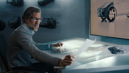 An automotive engineer and designer transfers sketches of prototype car and makes design corrections with a digital display graphics touch sreen table using stylus pen.