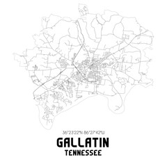  Gallatin Tennessee. US street map with black and white lines.