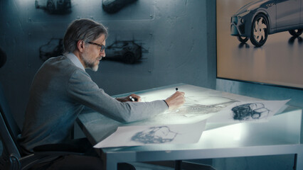 An automotive engineer and designer transfers sketches of prototype car and makes design corrections with a digital display graphics touch sreen table using stylus pen.