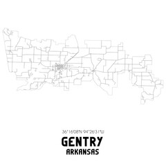 Gentry Arkansas. US street map with black and white lines.