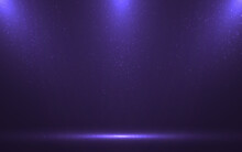 Background Spotlights. Award Ceremony Template. Stage Light With Particles. Rays And Glitter Effect On Dark Backdrop. Empty Space For Product Display. Vector Illustration