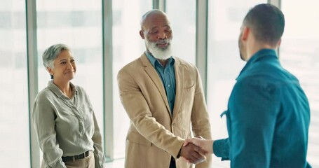 Wall Mural - Handshake, welcome and thank you with business people in office after interview with manager. Shaking hands, diversity and b2b partnership, collaboration or happy business deal, success and teamwork