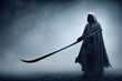 Character concept of the grim reaper with scythe and tattered cloak. Digital illustration