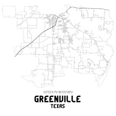  Greenville Texas. US street map with black and white lines.