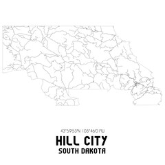  Hill City South Dakota. US street map with black and white lines.