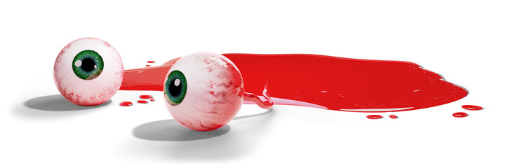 Eyeballs in a pool of blood 3d illustration for Halloween. Bloody human eyes isolated on a white background. Transparent background, PNG file. 3D Render.