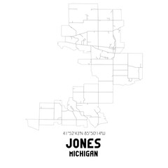 Jones Michigan. US street map with black and white lines.