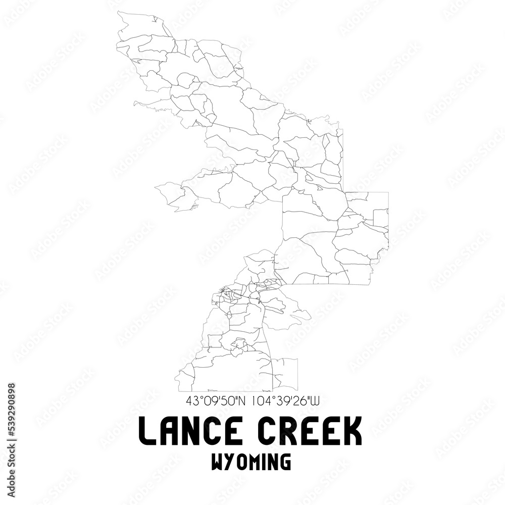 Lance Creek Wyoming. US street map with black and white lines.