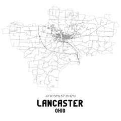 Lancaster Ohio. US street map with black and white lines.