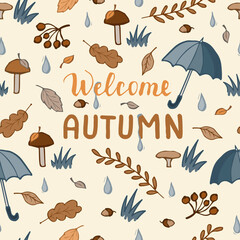 Wall Mural - Autumn seamless pattern with lettering hand draw. Set of autumn elements leaves