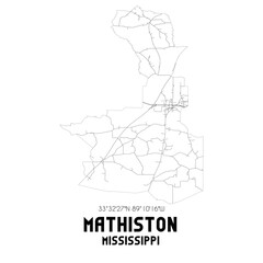  Mathiston Mississippi. US street map with black and white lines.