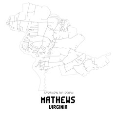  Mathews Virginia. US street map with black and white lines.