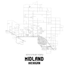 Midland Michigan. US street map with black and white lines.