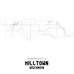  Milltown Wisconsin. US street map with black and white lines.