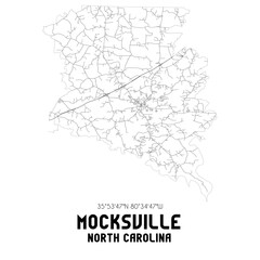  Mocksville North Carolina. US street map with black and white lines.