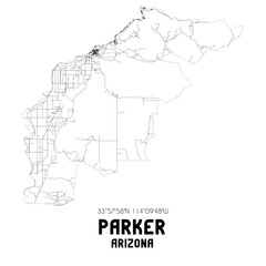  Parker Arizona. US street map with black and white lines.