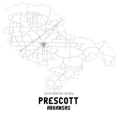  Prescott Arkansas. US street map with black and white lines.