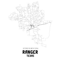  Ranger Texas. US street map with black and white lines.