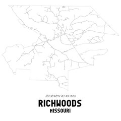  Richwoods Missouri. US street map with black and white lines.