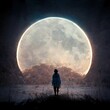 Ilustración de paisaje nocturno con luna llena, siendo observada por una persona