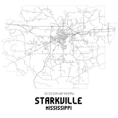  Starkville Mississippi. US street map with black and white lines.