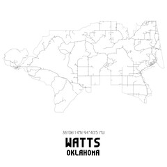  Watts Oklahoma. US street map with black and white lines.