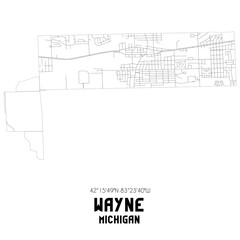 Wayne Michigan. US street map with black and white lines.