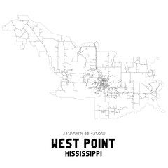  West Point Mississippi. US street map with black and white lines.