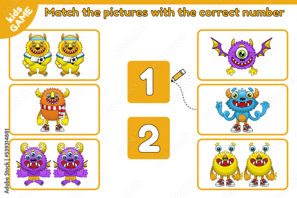 Numbers Cartoons Matching Math education for kids. Counting game for preschool children. Match ...