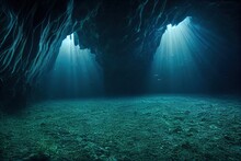 Dark Underwater Cave With Sunlight Beams. Deep Sea Cavern Nature, Undersea Exploration Concept