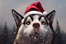 Husky Dog In The Snow, Wearing A Santa Hat At Christmas 