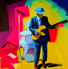 Wall Mural - Music illustration guitar art guitarist artwork abstract instrument
background colorful jazz band concert festival entertainment celebration digital pop-art textured 