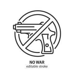 Hand gun line icon. No war vector symbol with revolver. Stop war sign. Editable stroke.