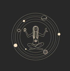 Wall Mural - vector illustration of a woman in the lotus position. line drawing. mystic illustration. modern prin